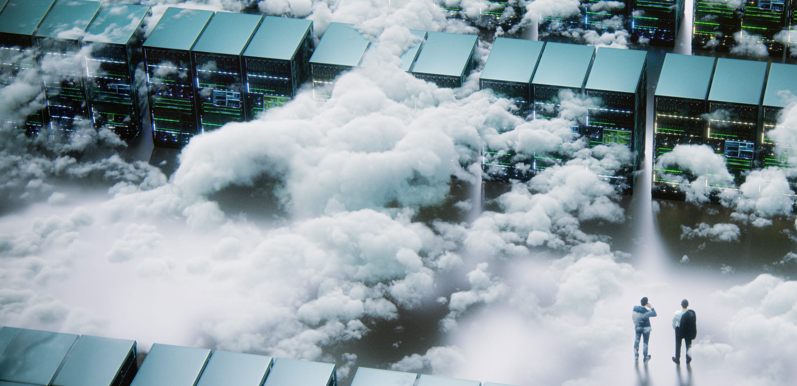Two businesspeople stand on a reflective floor looking out over rows of server racks partially submerged in a sea of white clouds, a visual metaphor for cloud computing and data center infrastructure.