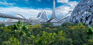 Futuristic city with flowing, wave-like buildings and a tall central tower surrounded by greenery.
