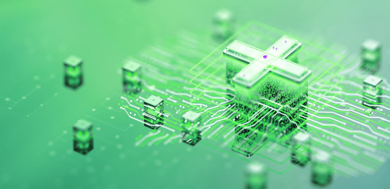 3D medical cross icon connected to a digital network grid, representing healthcare technology and data systems key visual It security health assessment in green