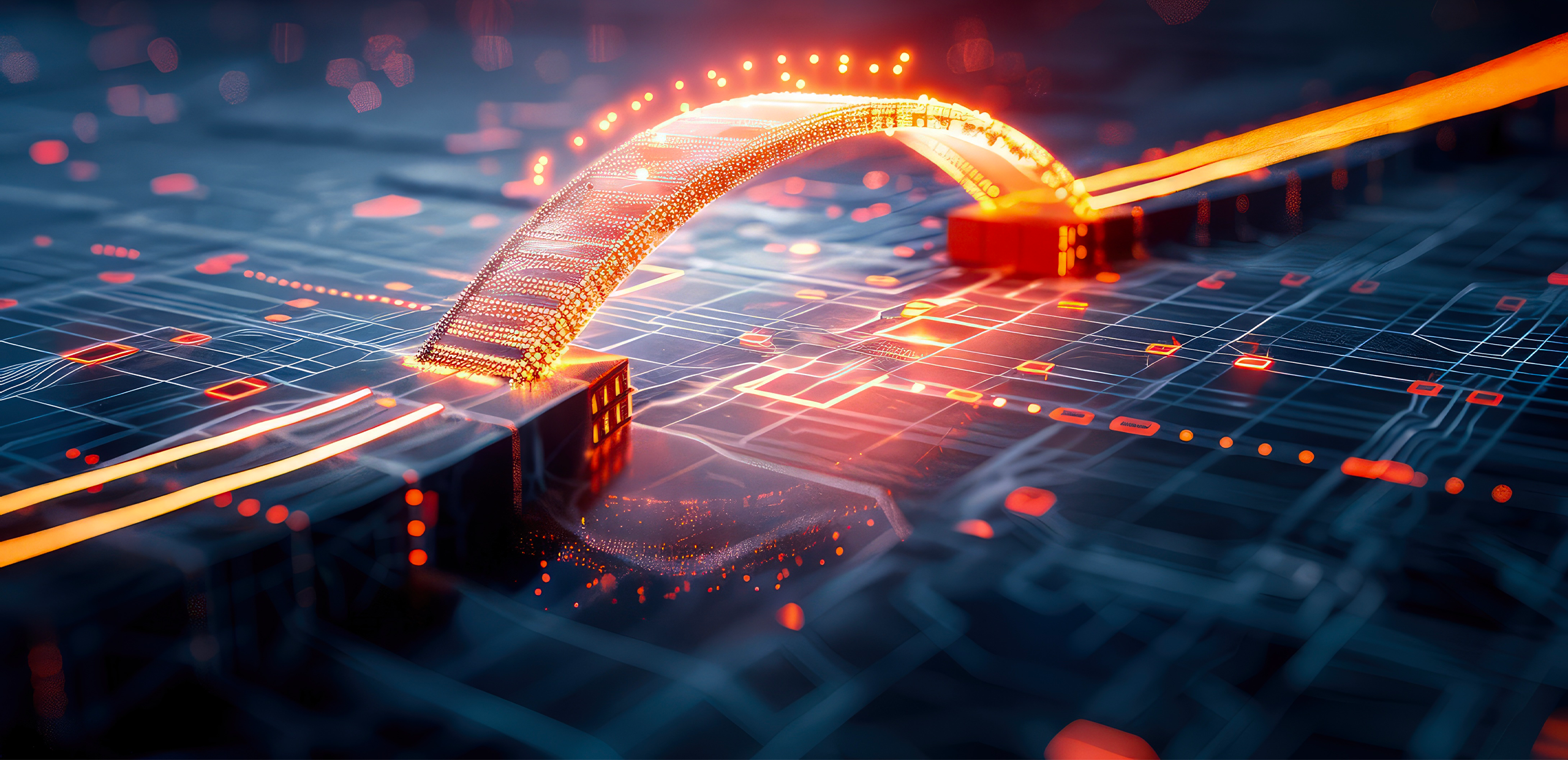 A glowing, futuristic data bridge arches across a high-tech digital circuit board, illuminated with orange and blue neon lights. The scene features abstract network connections, fast data transfer visuals, and a cyber-inspired technology aesthetic with shallow depth of field and bokeh lighting effects.