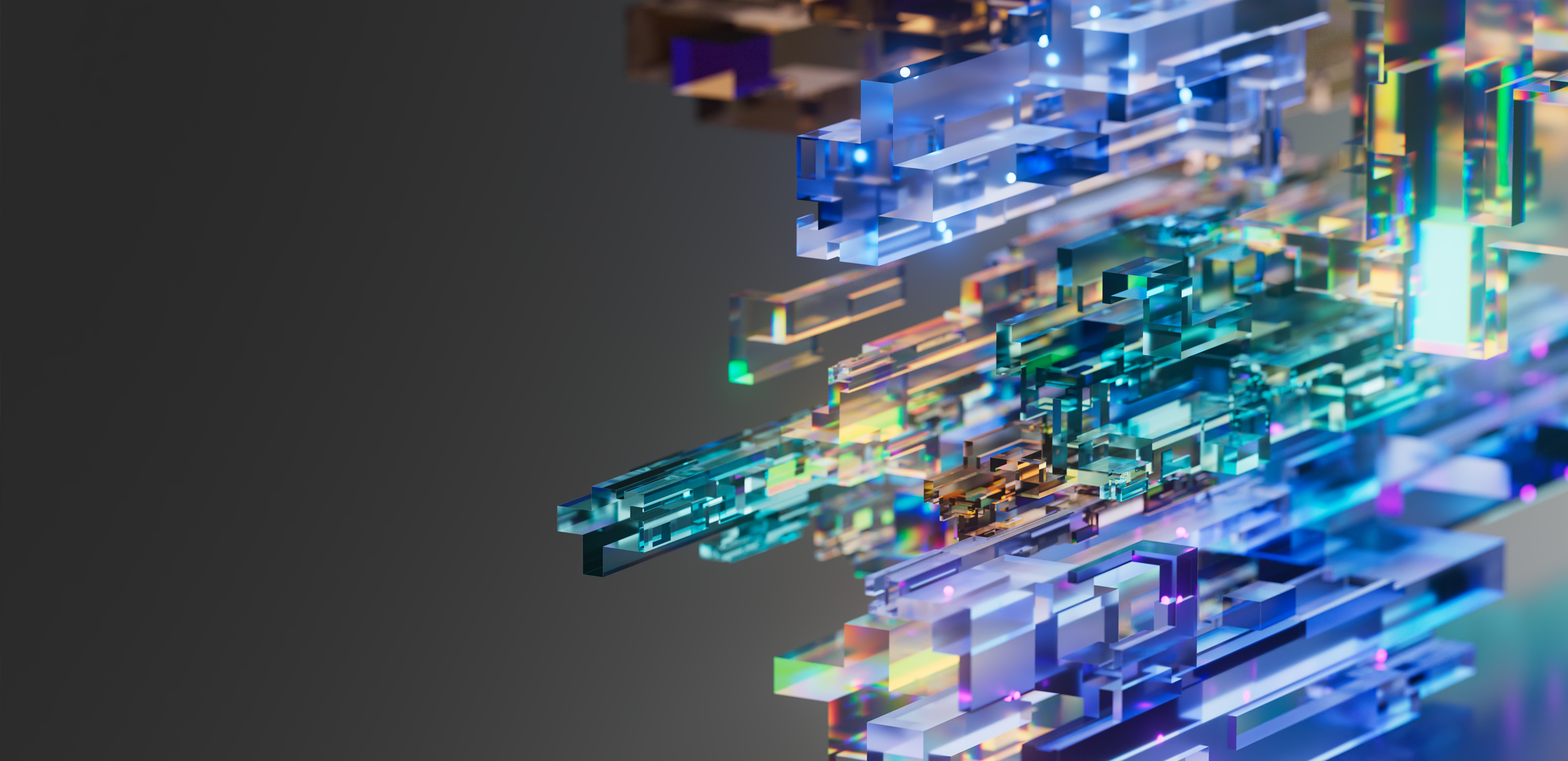 Abstract futuristic 3D composition of transparent glass-like geometric blocks with blue, cyan, and iridescent reflections on a dark gradient background.