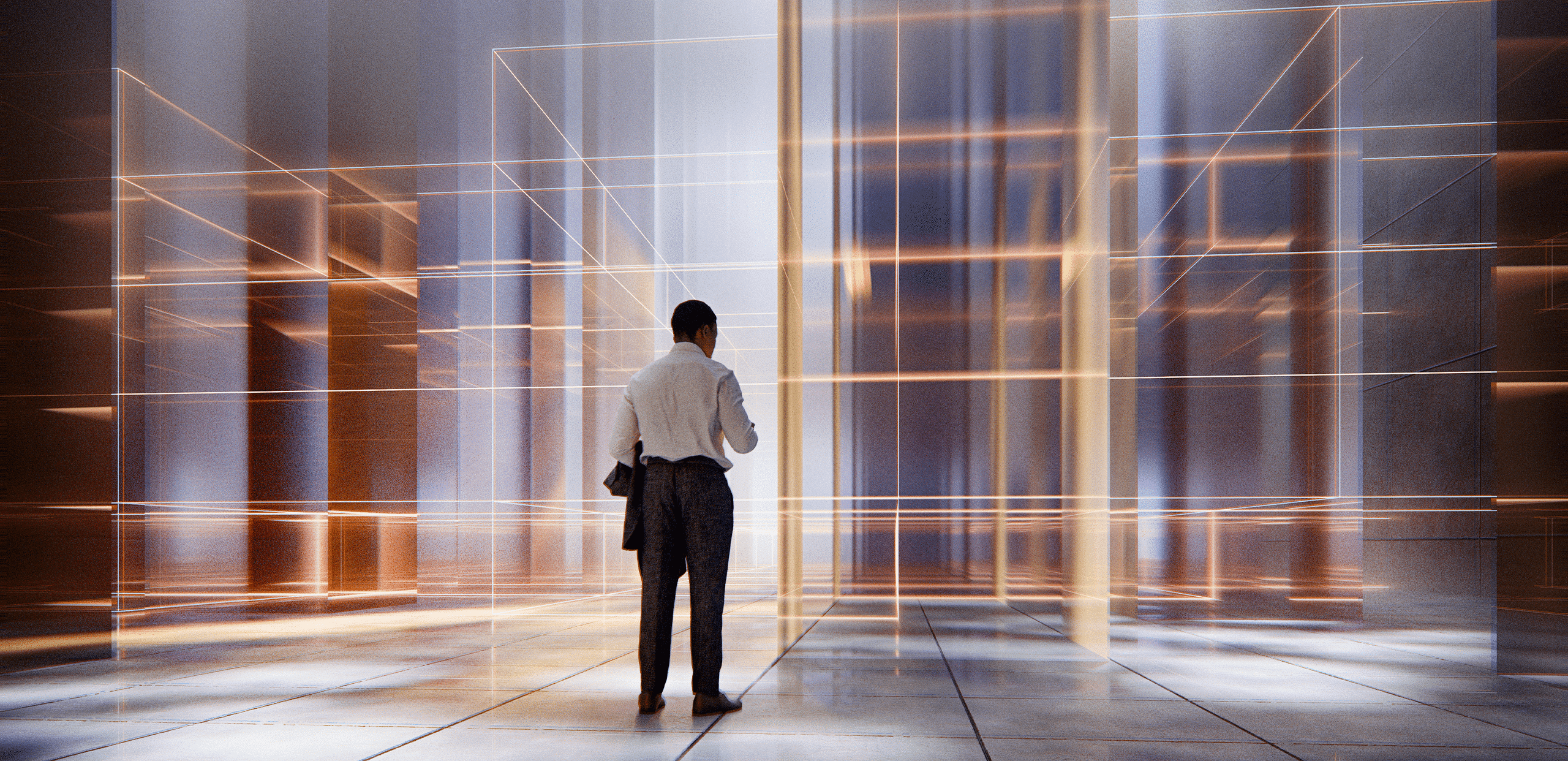 A person carrying a shoulder bag stands in a luminous, futuristic interior filled with transparent glass-like panels and glowing orange and white geometric lines, creating a modern architectural scene with motion blur and depth.