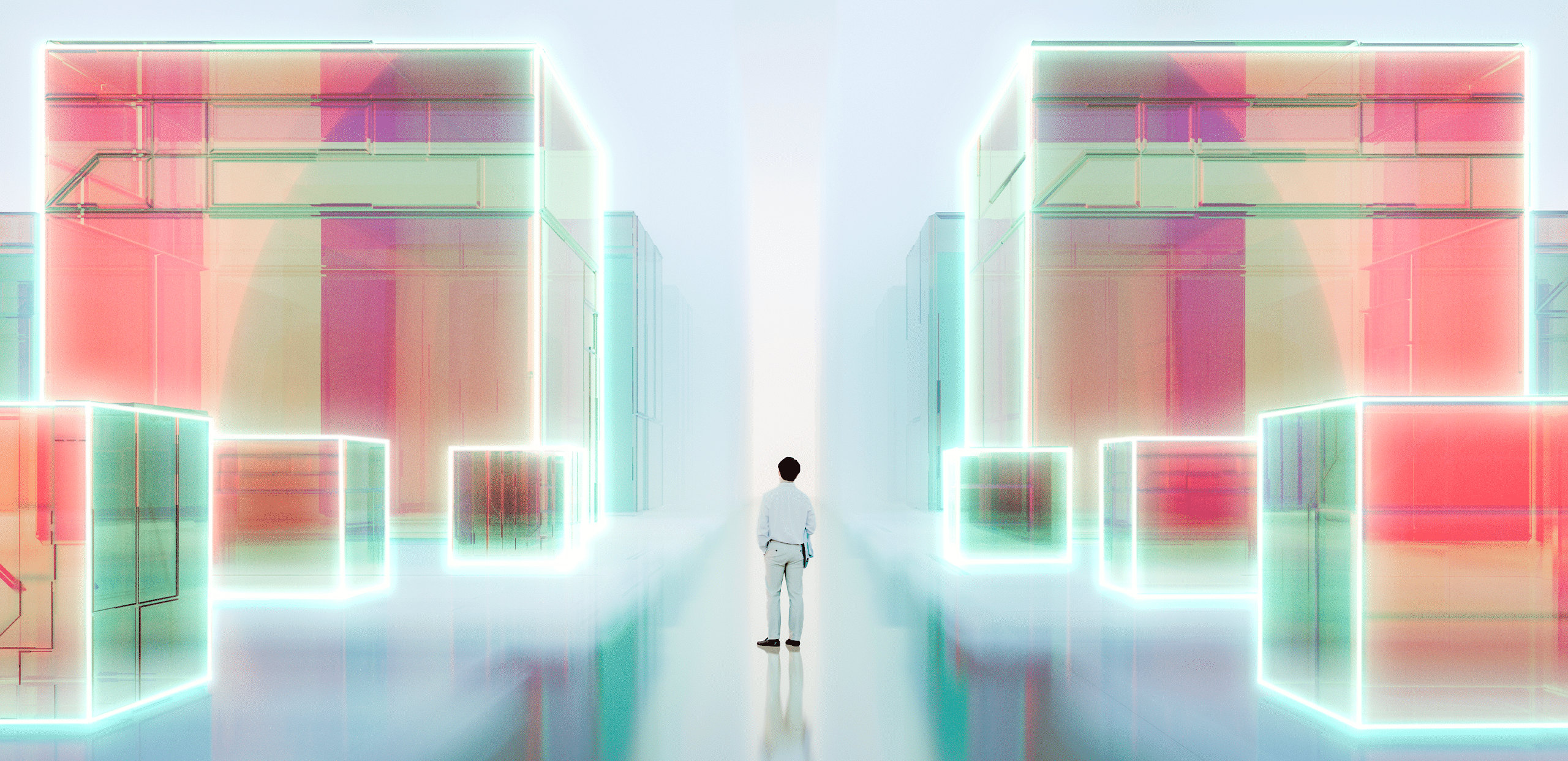A lone person stands in the center of a glossy, futuristic corridor between two large translucent cube-like structures glowing with cyan outlines. The cubes are filled with layered pink, red, green, and orange geometric panels, creating a symmetrical, dreamlike digital landscape with soft light and reflections.