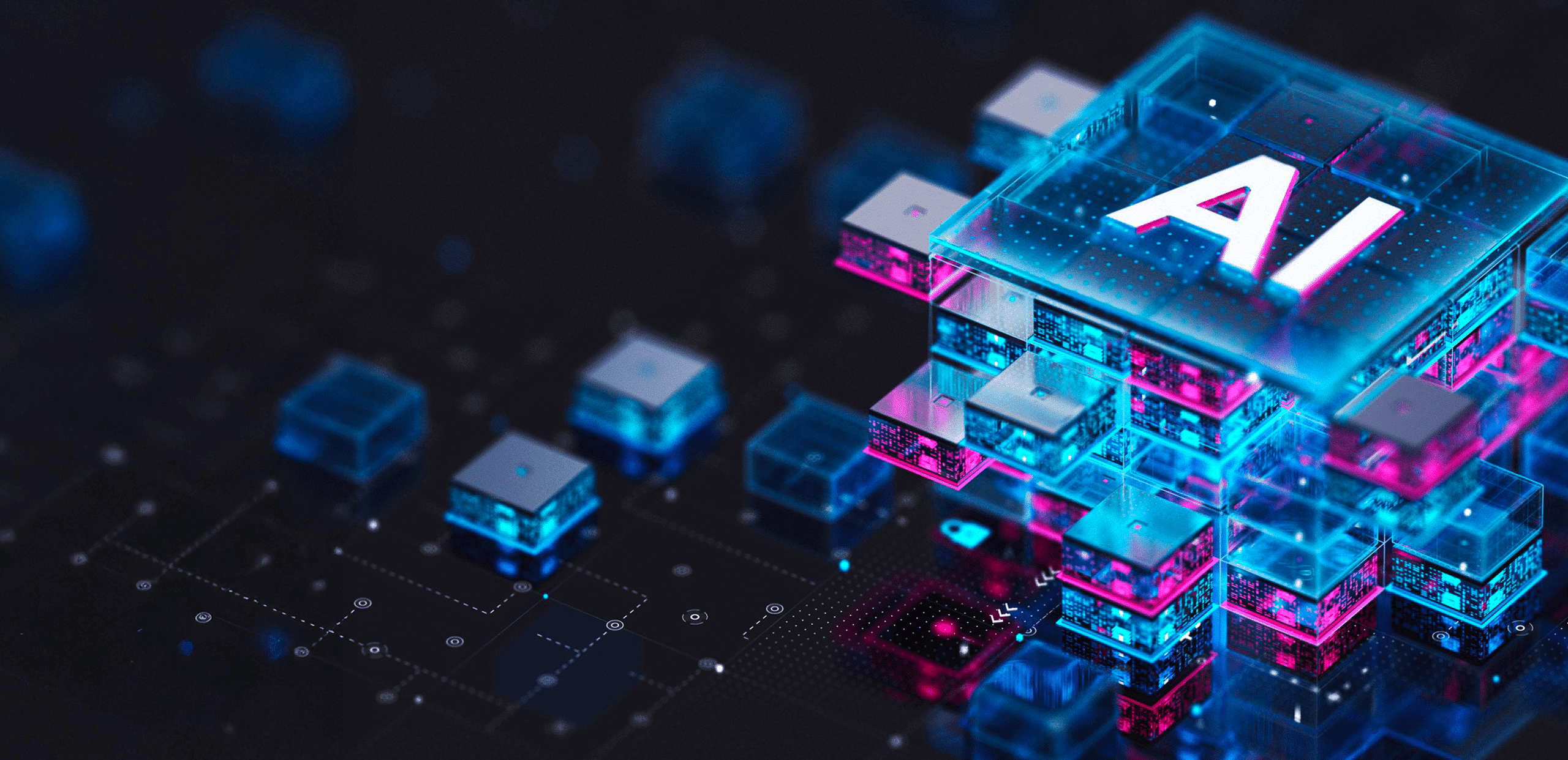 Futuristic 3D illustration of stacked, glowing computer chips forming a modular structure, with a central top chip labeled “AI” in neon blue and pink tones on a dark tech background.