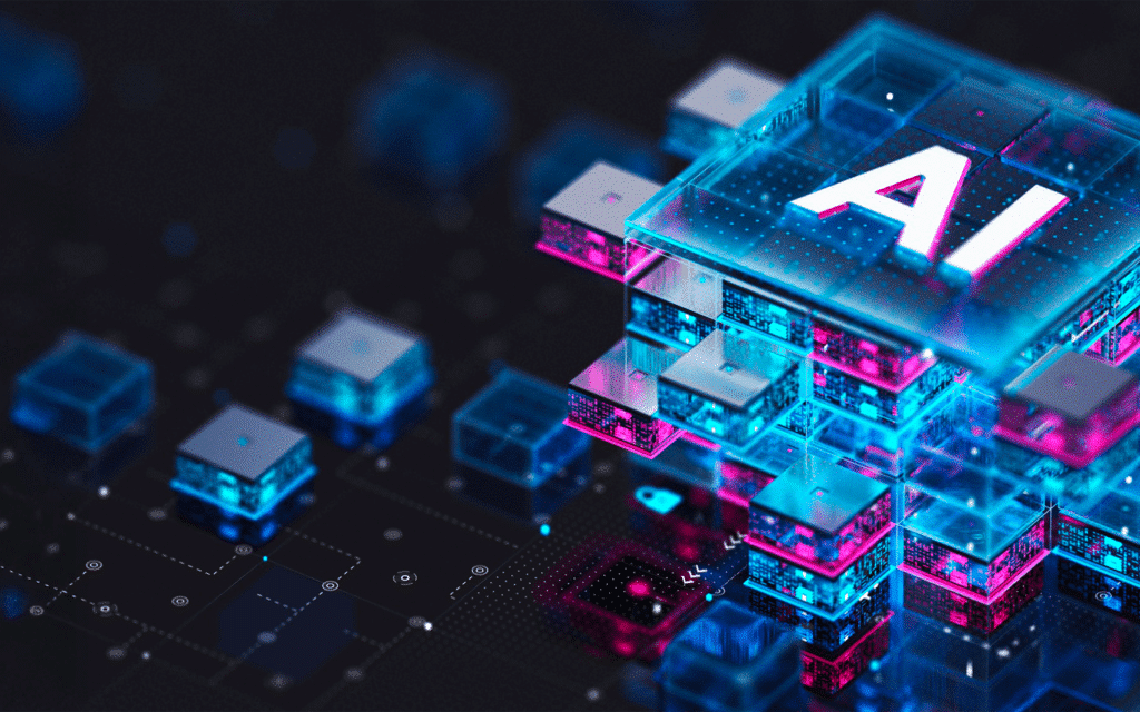 Futuristic 3D illustration of stacked, glowing computer chips forming a modular structure, with a central top chip labeled “AI” in neon blue and pink tones on a dark tech background.