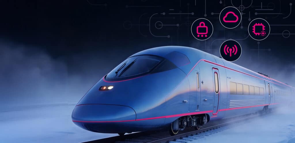 A sleek, modern high-speed train with a streamlined blue nose sits on snow-covered railway tracks in a misty winter setting. The train features thin pink accent lines along its body.