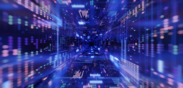 Abstract digital illustration of a glowing blue data corridor with streams of binary code and network nodes converging toward a vanishing point, symbolizing the flow of internet traffic across interconnected networks.