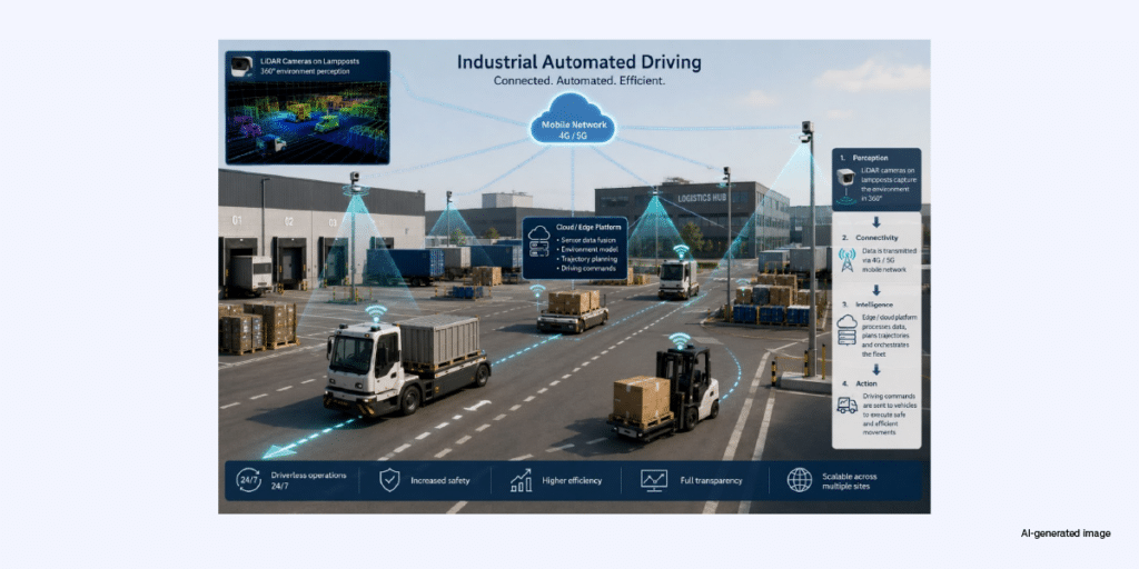 AI-generated image that explains industrial automated driving through mobile network 4G/5G etc.