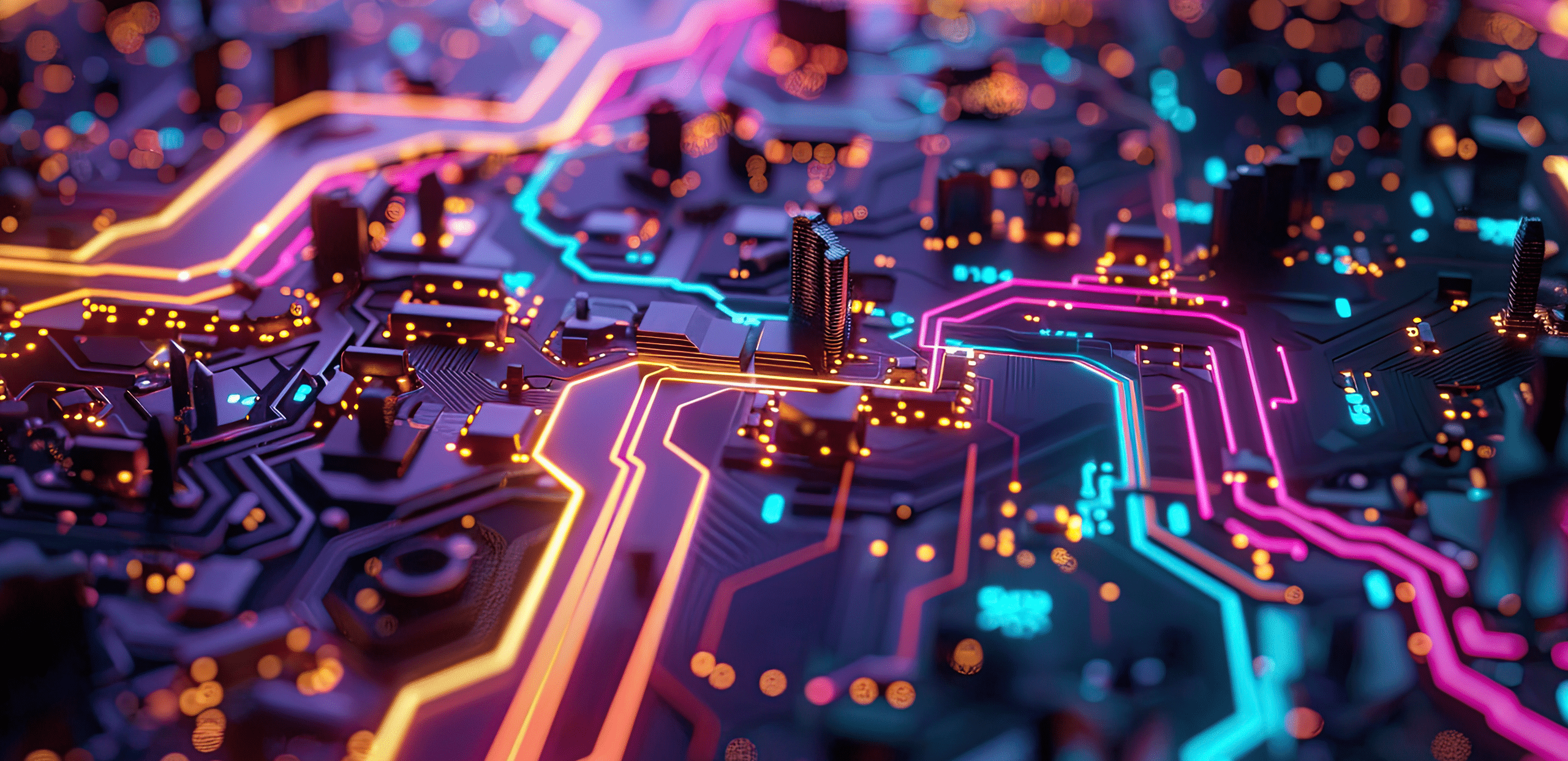 A close-up of a computer circuit board designed to resemble a glowing futuristic cityscape at night, with neon-lit pathways in pink, orange, and cyan winding between miniature skyscraper-like components, evoking a cyberpunk or digital-city aesthetic.
