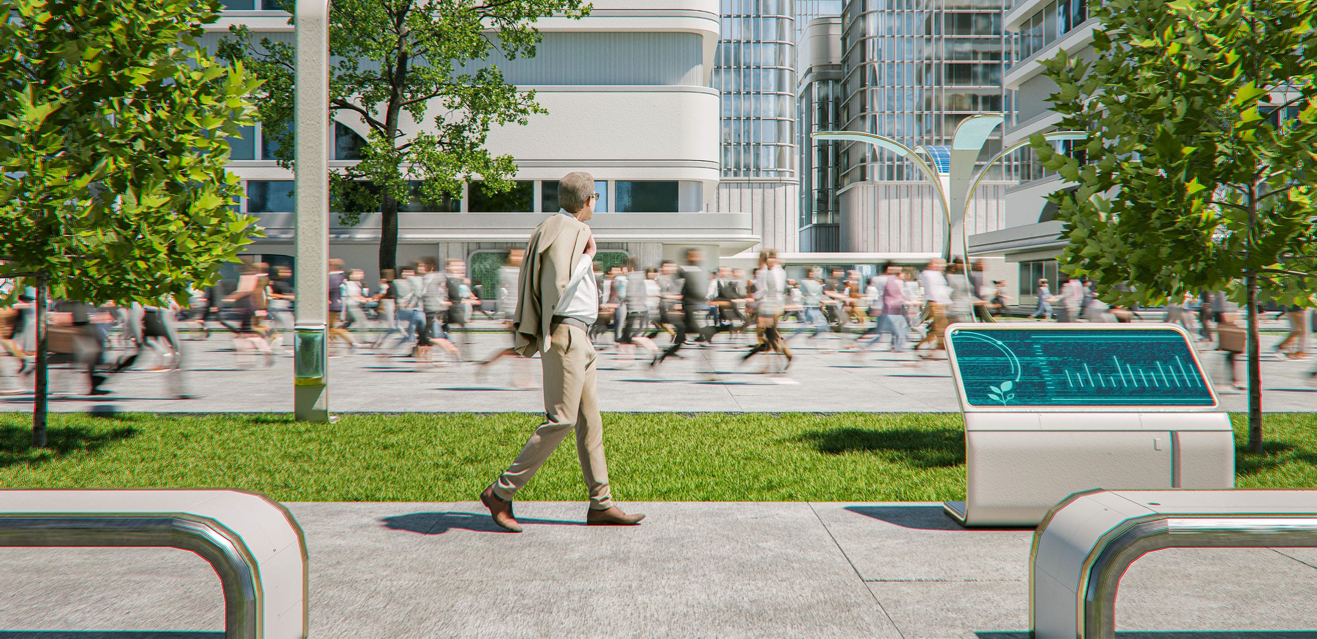 Business man walking through congitive city