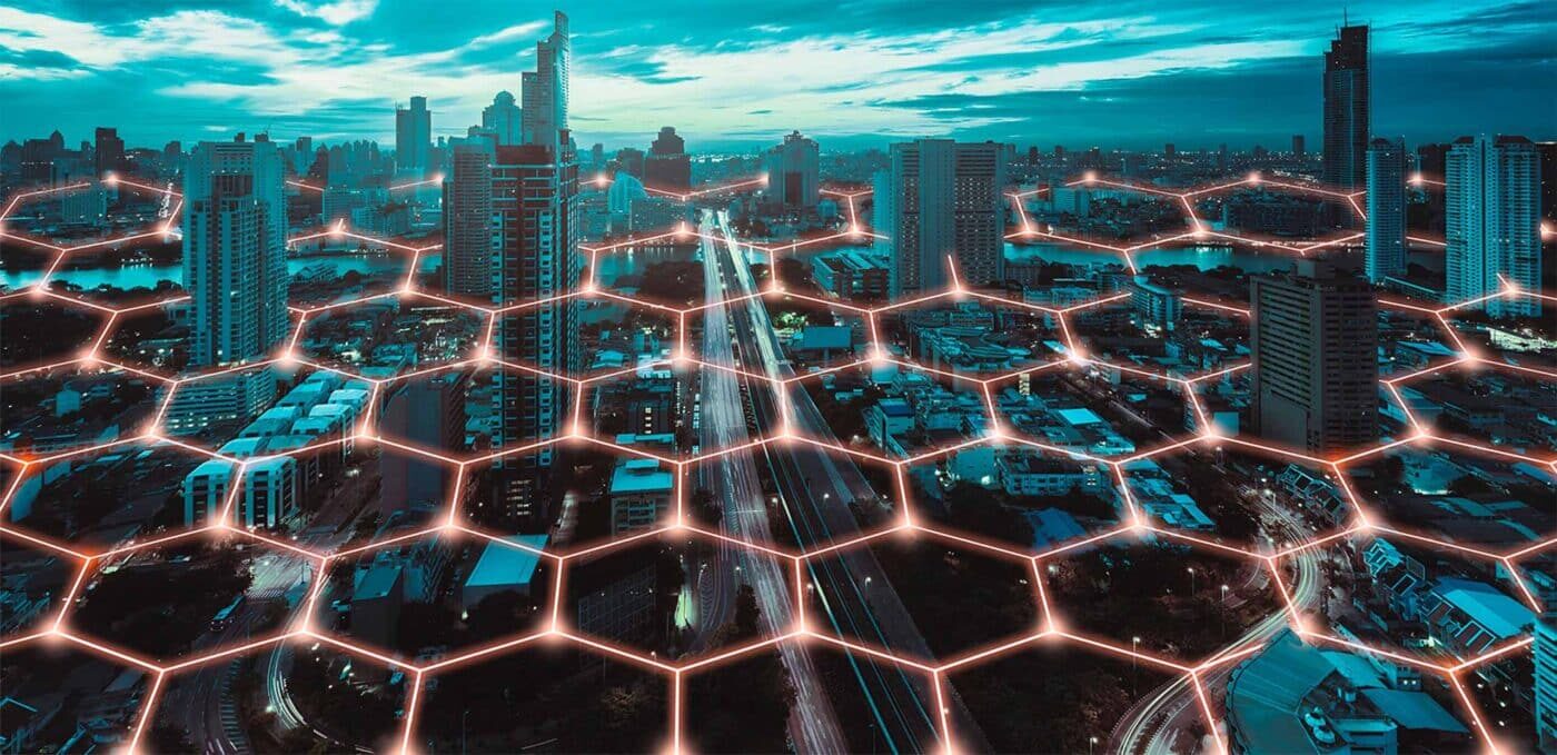 City shwon from above with a visualization of networks