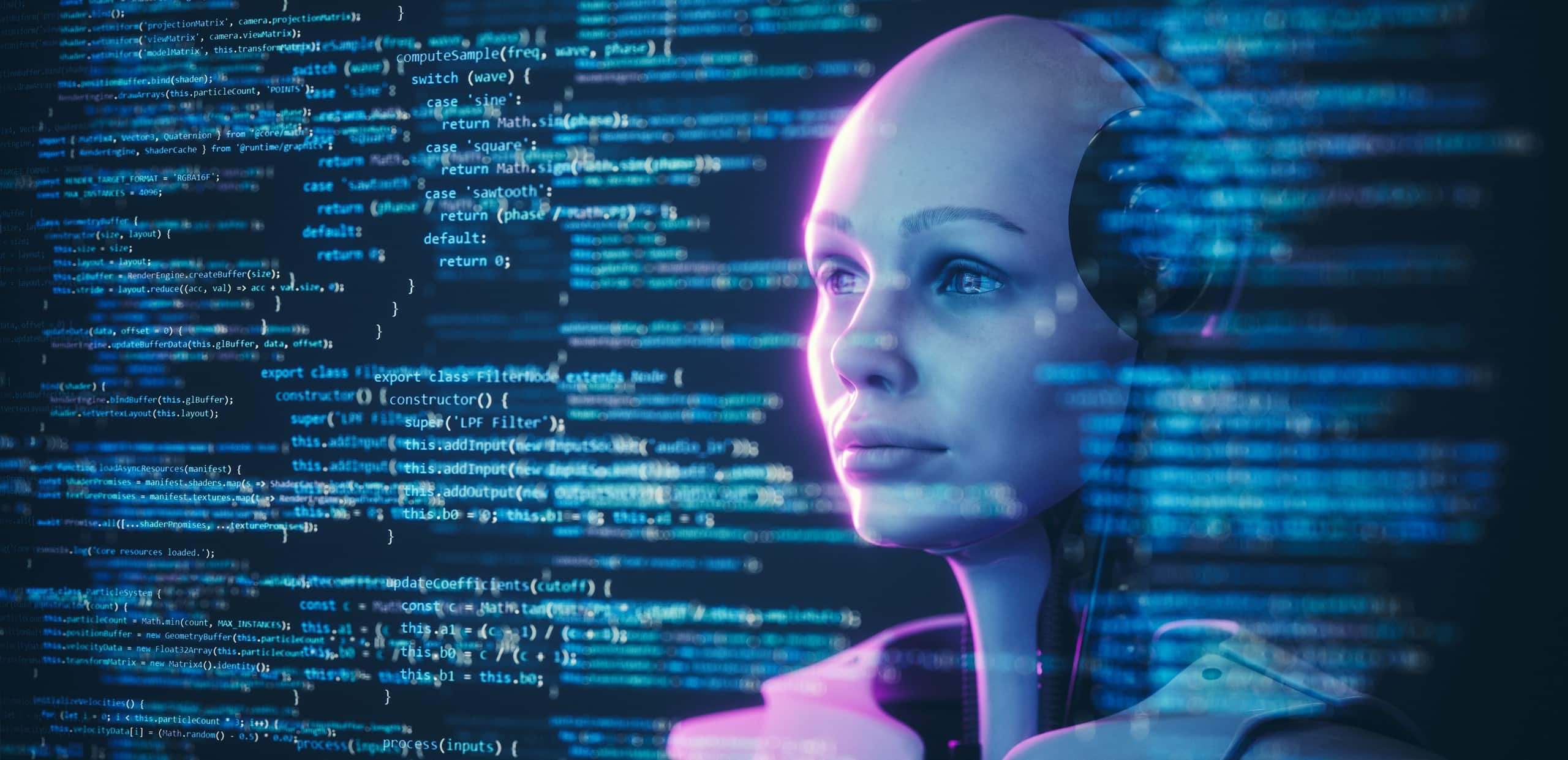 A humanoid AI robot with a partially transparent head revealing internal circuitry, gazing thoughtfully to the side against a backdrop of glowing blue and pink programming code — symbolizing physical AI, agentic AI, and technology consulting.
