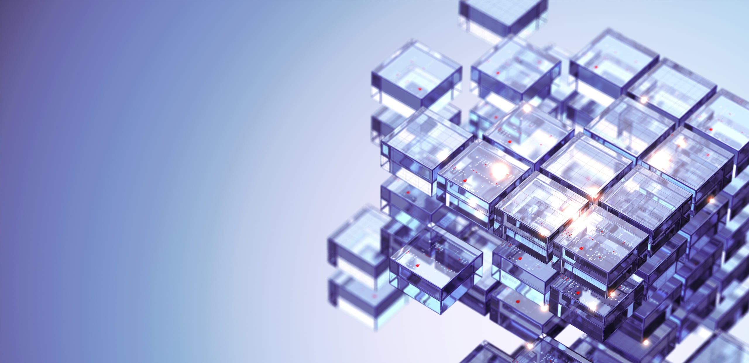 Abstract 3D cluster of glowing translucent glass cubes on a blue-violet gradient, symbolizing interconnected enterprise architecture and agentic AI.